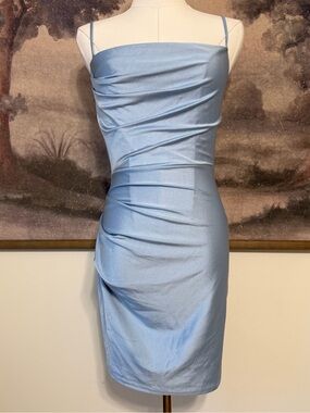 Windsor Shimmery Sky-Blue Ruched Satin Mini Dress